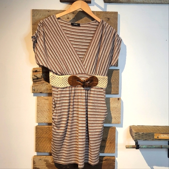 RIPE Striped Brown Dress with Belt - Picture 1 of 6